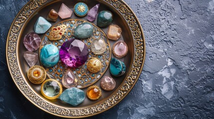 Fototapeta premium A beautifully detailed metal plate adorned with vibrant gemstones, set against a textured surface, showcasing intricate craftsmanship and historical elegance. AI generated.