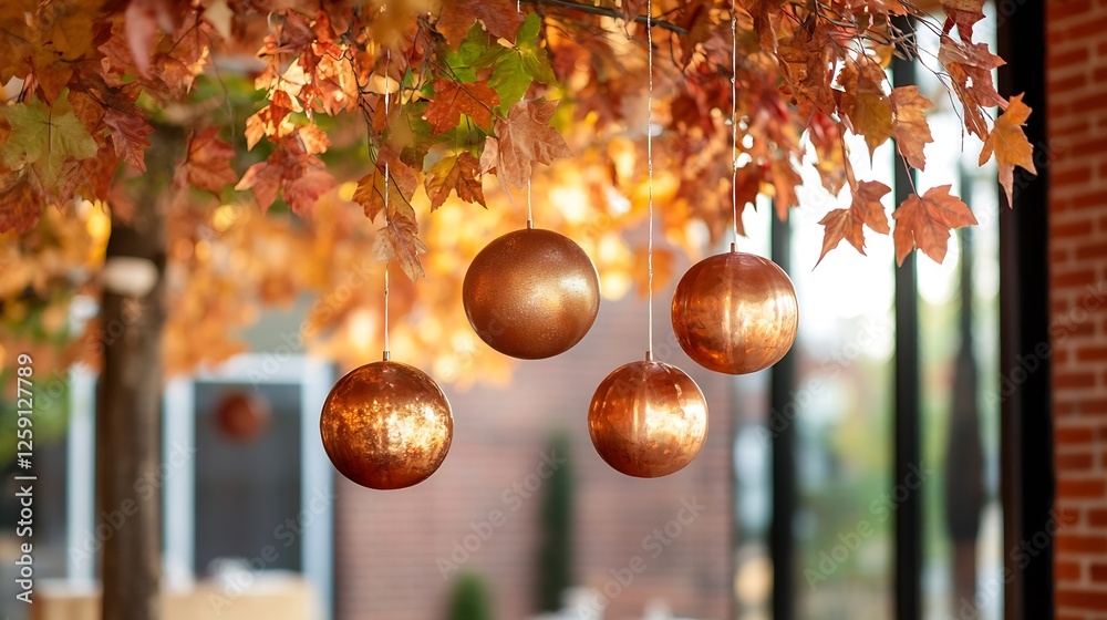 Poster autumn decoration with hanging golden orbs surrounded by vibrant fall leaves in an inviting setting 