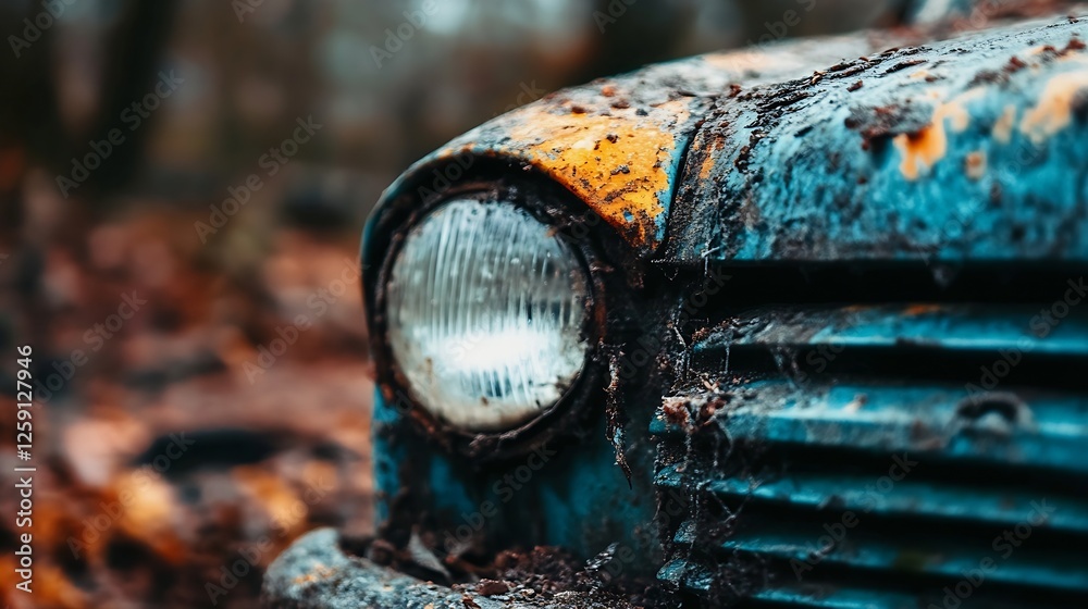 Aufkleber close up of rusty old car in natural environment : generative ai