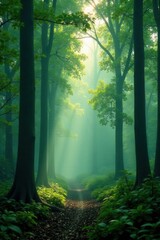 Obraz premium Muted green forest with trees in a misty dawn, tranquil, dawn, foliage
