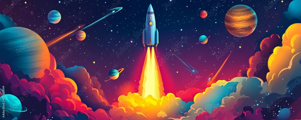 Aufkleber Spaceship is launching into outer space through colorful clouds and planets