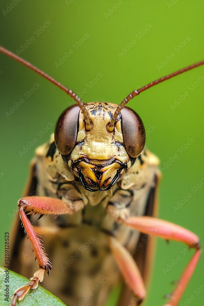 Poster close-up portrait of a grasshopper showcasing intricate details of its eyes and body : generative ai