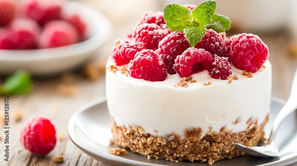 Poster Delicious Raspberry Cheesecake with Mint Garnish on Wooden Table : Generative AI
