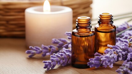 Aromatic lavender essential oil bottles with a candle creating a calming atmosphere : Generative AI
