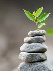 Fototapeta premium Balanced Stone Tower with Fresh Green Plant Symbolizing Growth and Serenity : Generative AI