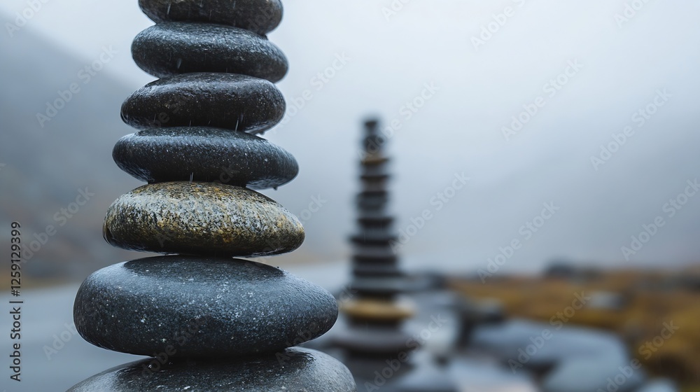 Aufkleber stacked stones symbolizing balance and tranquility in a serene environment : generative ai