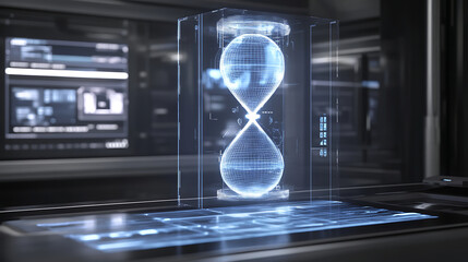 Glowing Blue Hourglass in Glass Cube on Digital Display