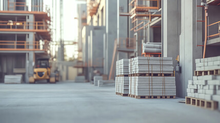 Construction Site with Concrete Blocks and Forklift