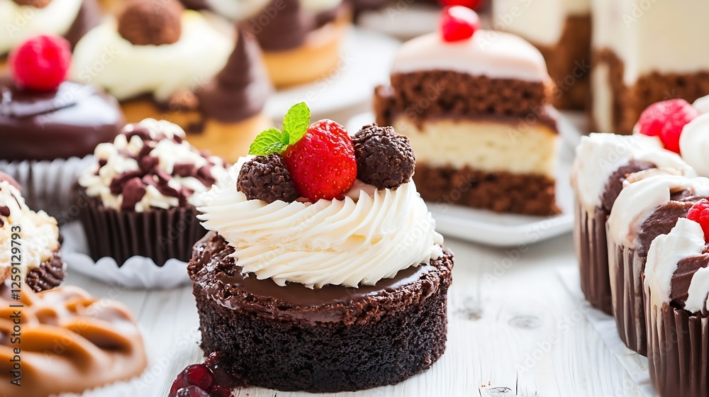 Poster delicious assortment of decadent cupcakes and desserts on a rustic table : generative ai