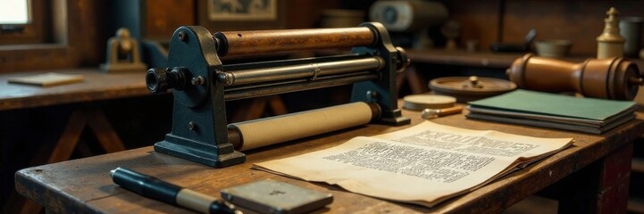 Old-fashioned printmaking equipment on display, printmaking, workshop, display