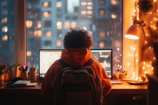 A foreign student video calling their family from a dorm room, expressing excitement and homesickness