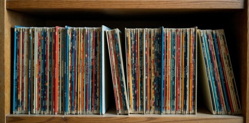 Old vinyl records stacked on wooden shelf, vintage, records, nostalgic