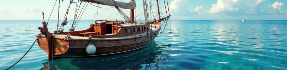 Naklejka premium Old wooden sailboat docked in calm waters with rope and anchor, anchor, rope