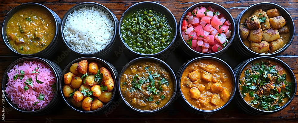 Sticker Assorted Indian Dishes In Dark Bowls On Wooden Table