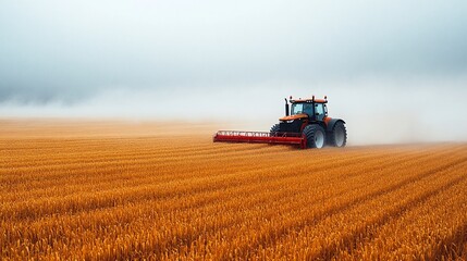 Fototapeta premium A tractor harvesting golden wheat in a foggy field at dawn, showcasing agricultural work