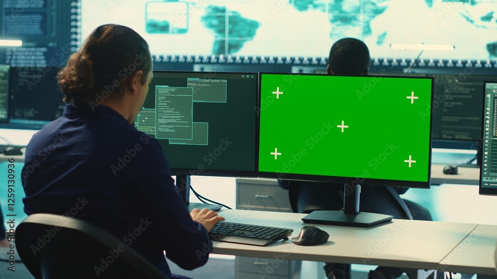 Poster governmental hackers using green screen in performing cyber security monitoring and threat detection