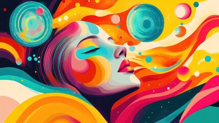 Obraz premium Vibrant abstract portrait of a woman surrounded by colorful swirling shapes and cosmic elements.