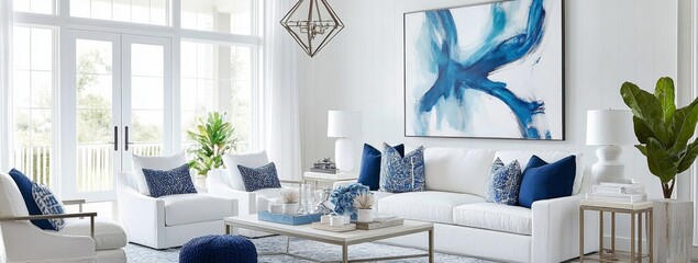 Coastal living room featuring blue accents