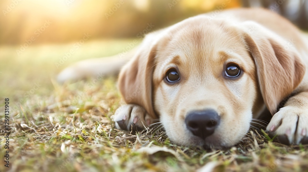 Poster Adorable close up of a puppy lying on grass with warm sunlight highlighting its features : Generative AI