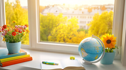 Window view with colorful flowers, globe, and books bathed in sunlight, creating a peaceful study or learning scene.