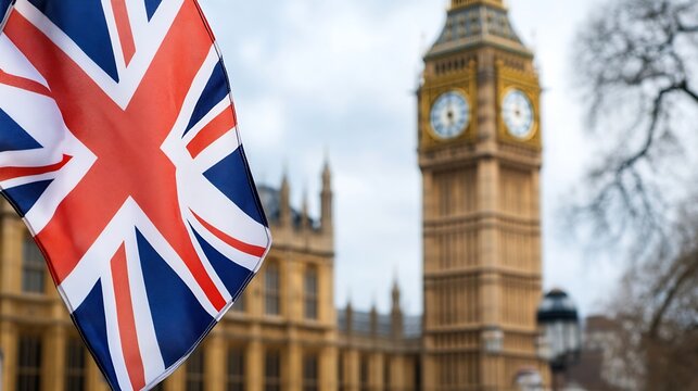 British Flag with Big Ben in Background Symbolizing Iconic London Landmarks : Generative AI