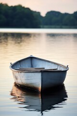 Obraz premium Classic Wooden Boat Floating Calmly on a Serene Lake at Dawn : Generative AI