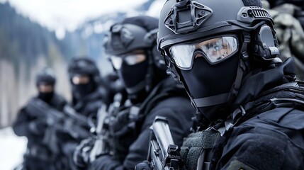 Special Forces Soldiers in Tactical Gear Preparing for Operations in Mountainous Terrain : Generative AI