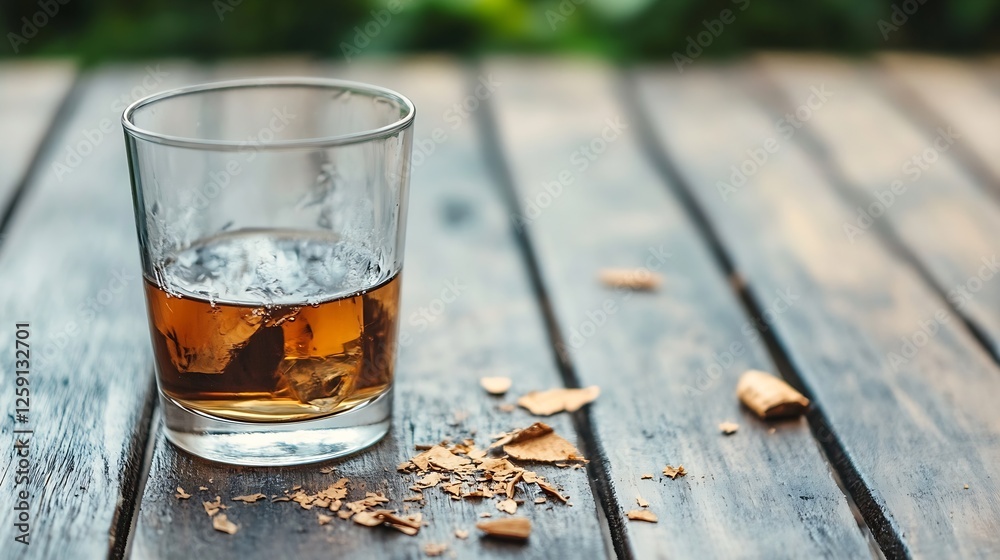 Poster Whiskey Glass on Wooden Surface with Ice and Shavings Creating a Rustic Vibe : Generative AI