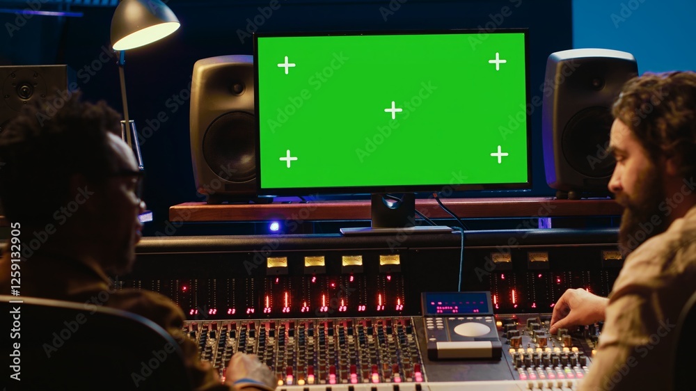 Aufkleber Diverse producers mixing and mastering tracks with mockup display on computer, recording before adding effects in post production. Artist and sound engineer twisting control desk knobs. Camera A.