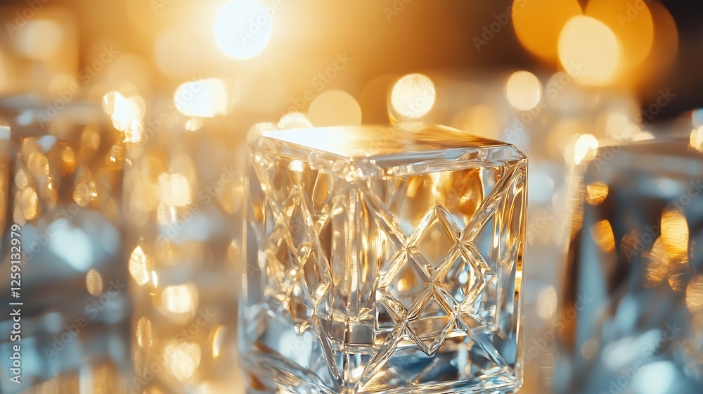 Fototapete Sparkling ice cubes in a glass with warm golden light creating an inviting evening atmosphere : Generative AI