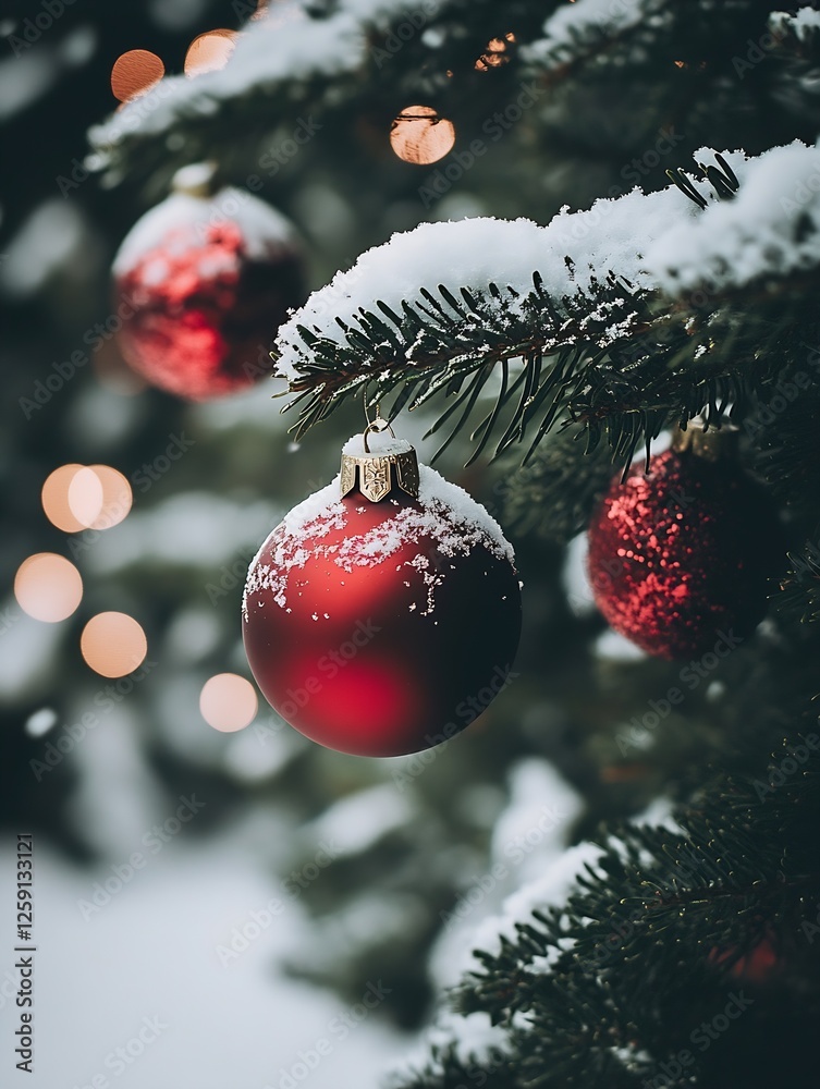 Poster beautiful red christmas bauble hanging on a snowy evergreen tree with softly glowing lights : genera