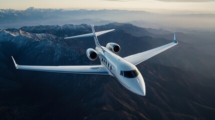 Fototapeta premium Sleek Luxury Private Jet Flying Above Majestic Mountain Range Against Scenic Horizon : Generative AI