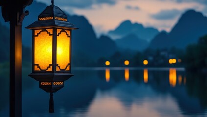 Serene Twilight: Lantern's Glow Reflecting on Tranquil Lake Surrounded by Majestic Mountains