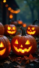 Pumpkins are carved with faces and lit , decorations, jackolantern, pumpkin