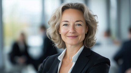 Fototapeta premium Professional woman with curly hair in business setting, exuding confidence and approachability.