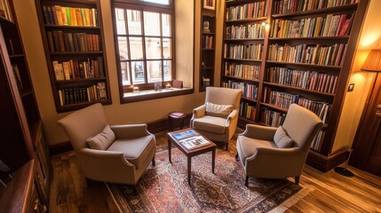 Cozy boutique hotel reading nook with a library wall, vintage decor, and soft armchairs.