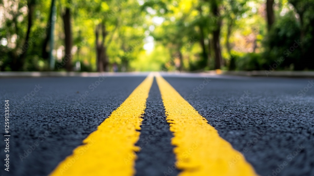 Poster vibrant tree lined road with fresh asphalt and yellow lines in a bright urban setting : generative a