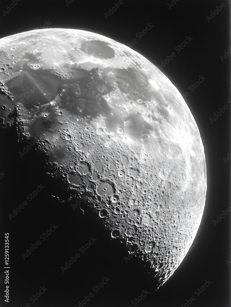 Poster stunning close up of the moon captured in black and white showcasing detailed craters and surface fe