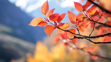 Close Up of Bright Red Autumn Leaves Against a Scenic Mountain Background Under Clear Sky : Generative AI