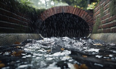 Rainy Day at the Brick Culvert: A Serene Scene of Water Flowing Under a Brick Archway During a Downpour