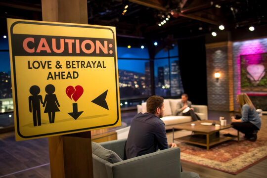 A caution sign warns of love and betrayal ahead, set in a cozy talk show environment with two seated guests and a backdrop of city lights.