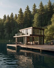 Obraz premium Modern Floating Tiny House with Glass Exterior on Forest Lake