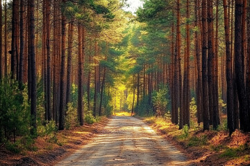 Fototapeta premium A close up of a dirt road in a forest with tall trees