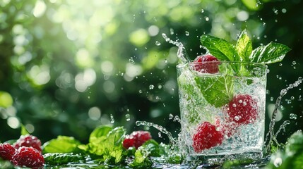 Refreshing raspberry mint drink, summer garden background