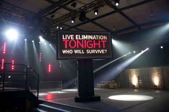 A dramatic stage setting with bright lights and a large screen announcing a live elimination event, creating an atmosphere of suspense and anticipation.