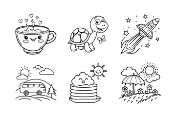 This set of black and white coloring pages features adorable cartoon characters and scenes.