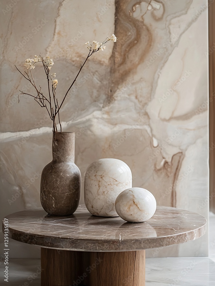 Poster Elegant marble table with decorative vases and dried flowers in minimalist setting : Generative AI