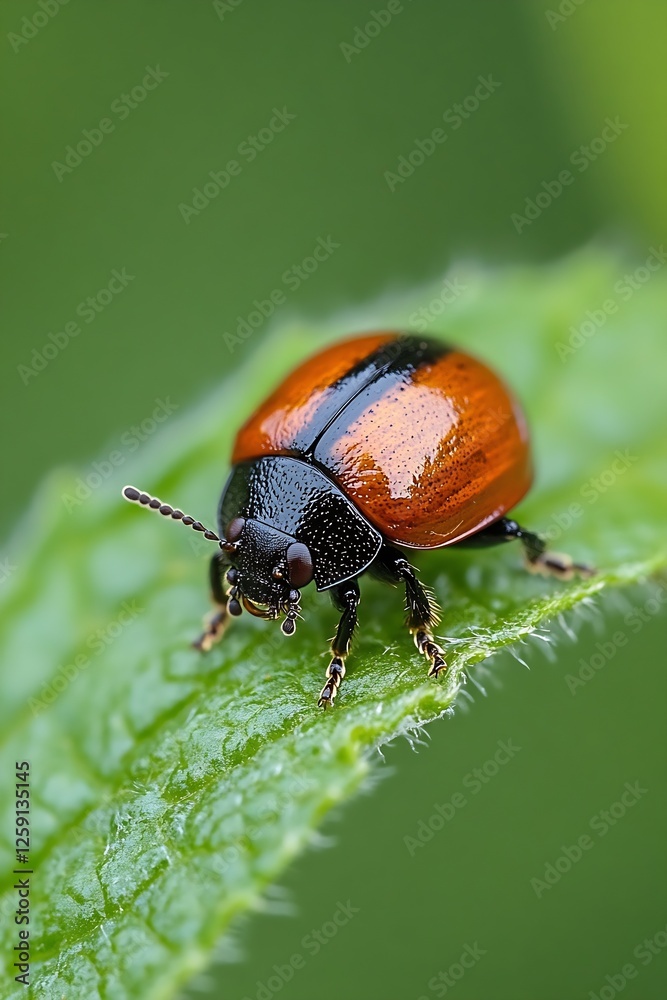 Poster detailed macro shot of vibrant beetle on leaf in natural environment : generative ai