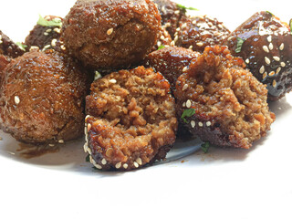 Seitan vegan meatballs tsukune style with tare sauce