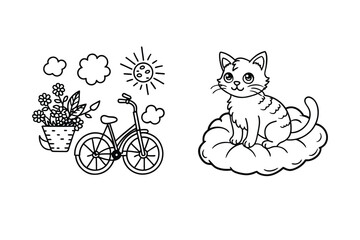 This set of black and white coloring pages features adorable cartoon characters and scenes.